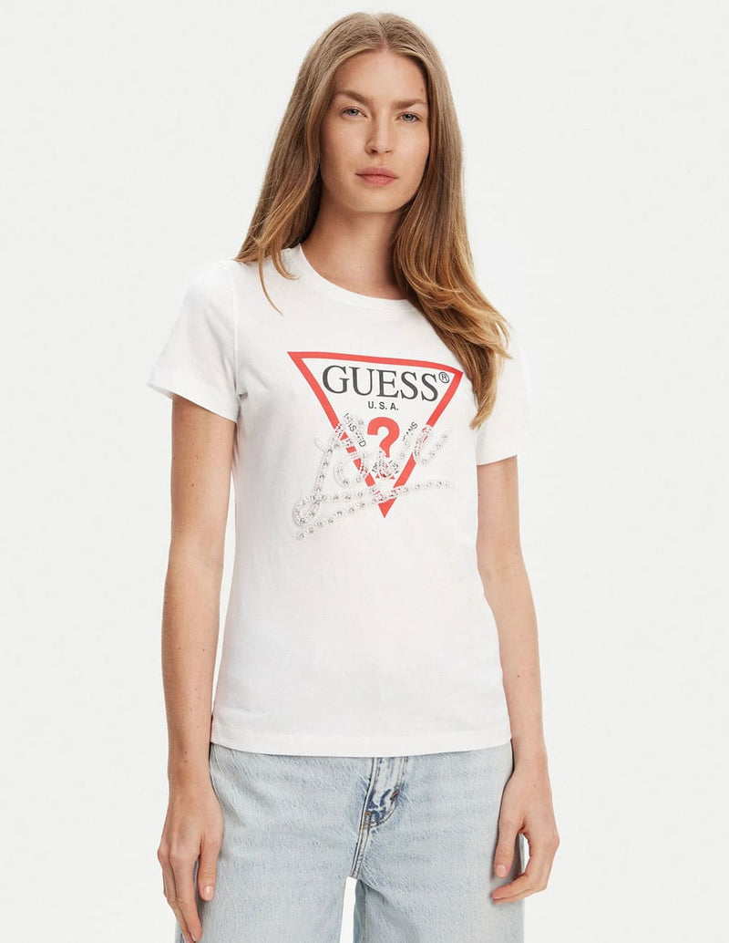 Camiseta GUESS con Logo de Perlas Blanca Mujer