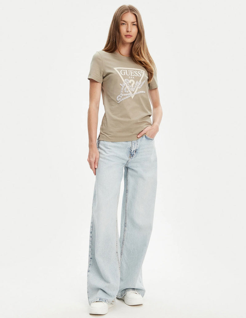 Camiseta GUESS con Logo de Perlas Verde Mujer
