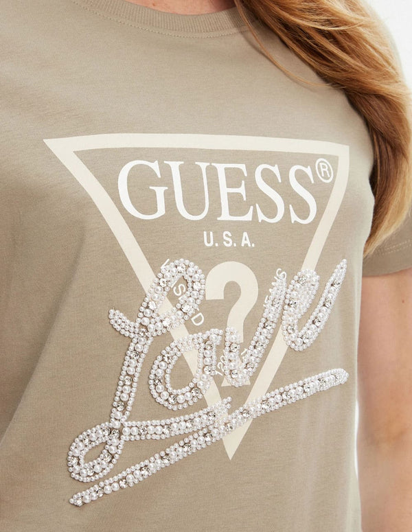Camiseta GUESS con Logo de Perlas Verde Mujer