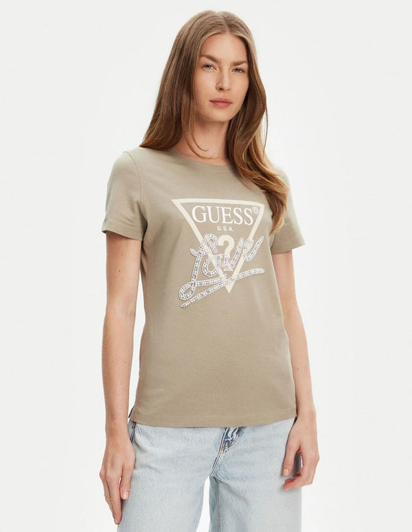 Camiseta GUESS con Logo de Perlas Verde Mujer