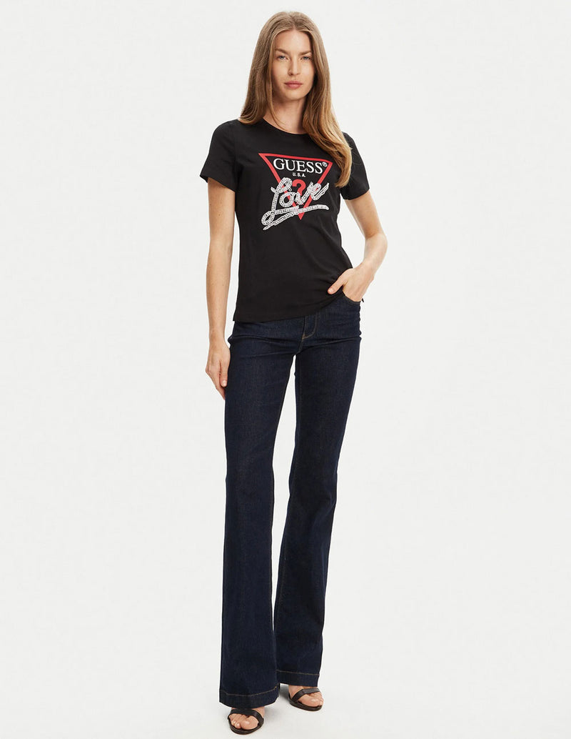 Camiseta GUESS con Logo de Perlas Negra Mujer