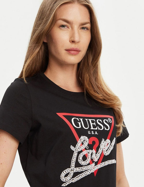 Camiseta GUESS con Logo de Perlas Negra Mujer