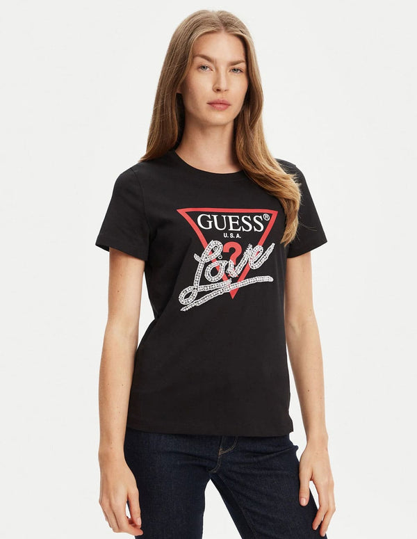 Camiseta GUESS con Logo de Perlas Negra Mujer