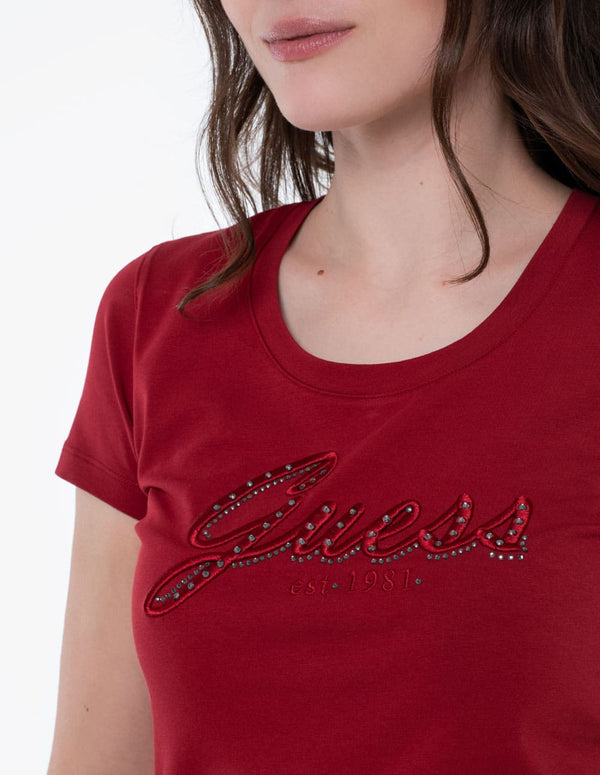 Camiseta GUESS con Logo Bordado Roja Mujer