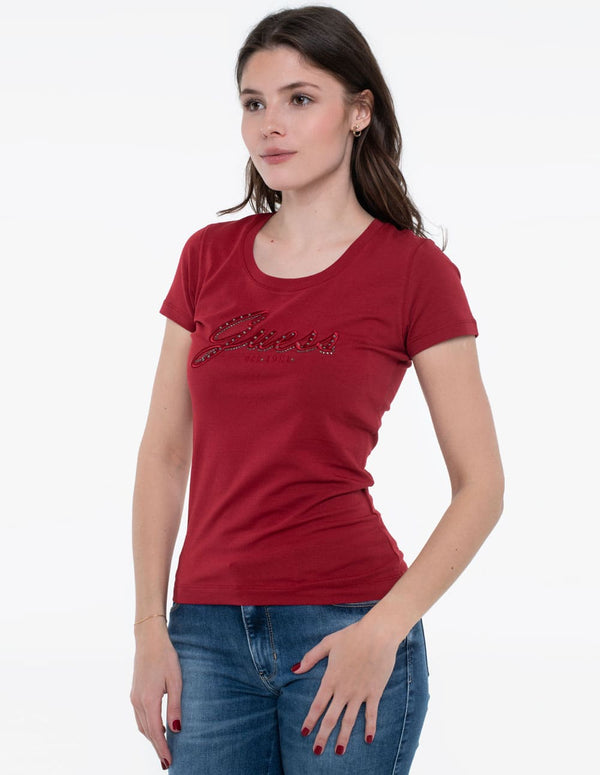 Camiseta GUESS con Logo Bordado Roja Mujer