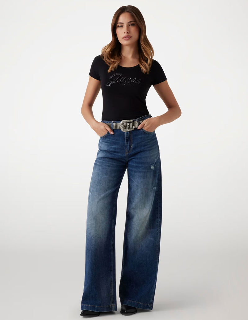 Camiseta GUESS con Logo Bordado Negra Mujer