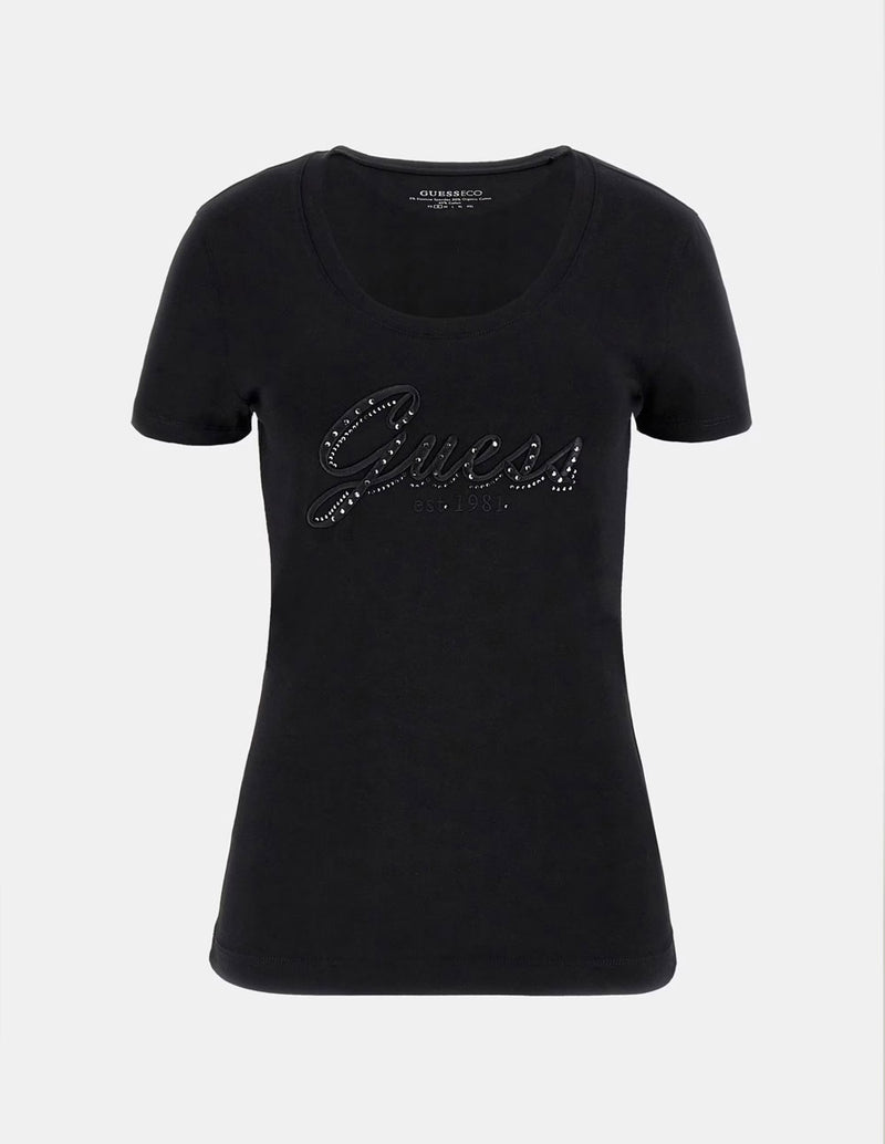 Camiseta GUESS con Logo Bordado Negra Mujer