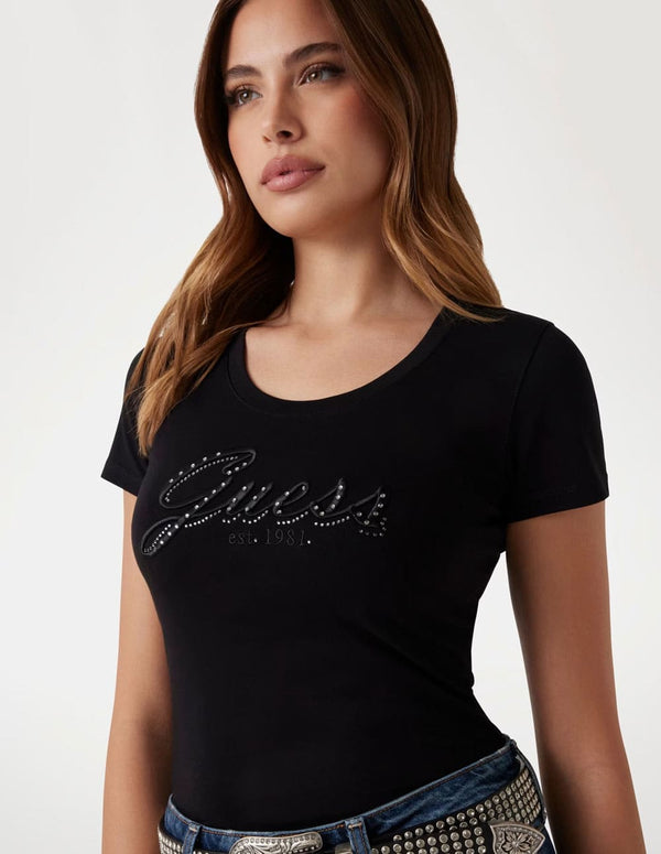 Camiseta GUESS con Logo Bordado Negra Mujer