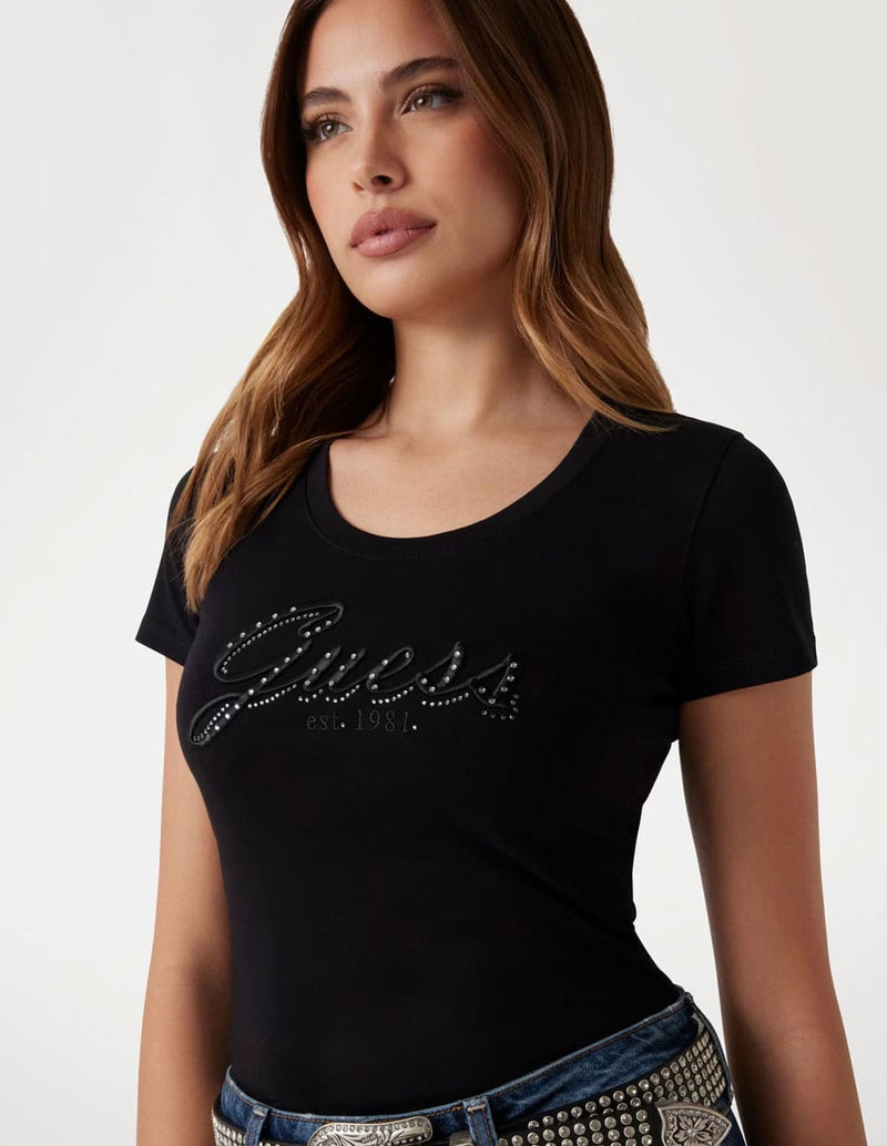 Camiseta GUESS con Logo Bordado Negra Mujer