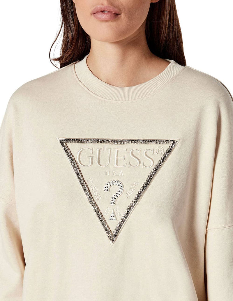 Sudadera GUESS con Logo Triángulo Beige Mujer