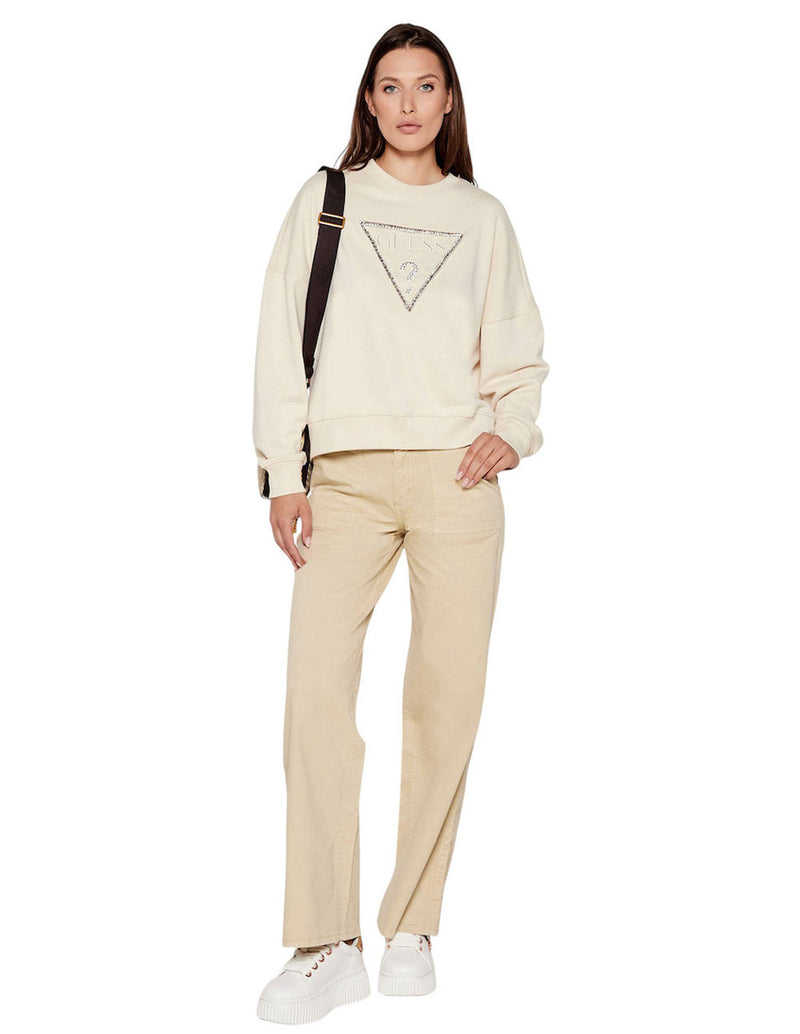 Sudadera GUESS con Logo Triángulo Beige Mujer