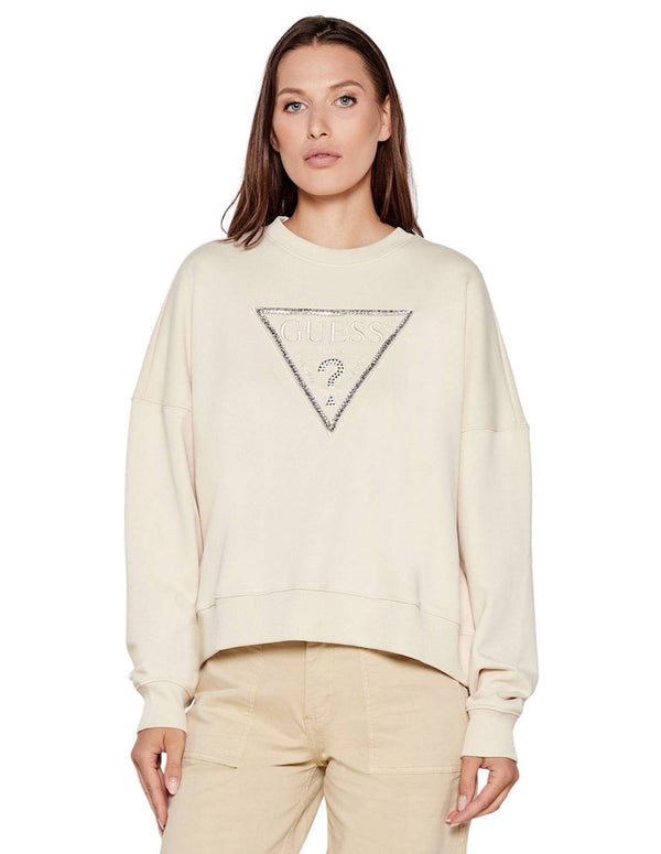 Sudadera GUESS con Logo Triángulo Beige Mujer