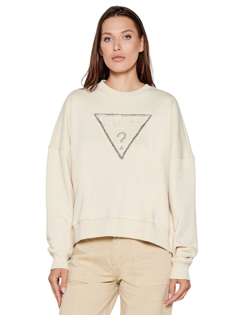 Sudadera GUESS con Logo Triángulo Beige Mujer
