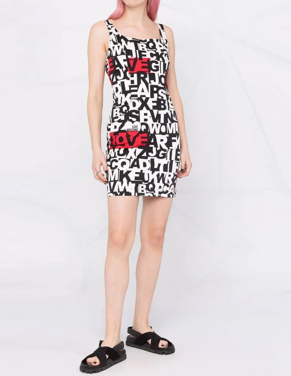 Love Moschino Sleeveless Short Dress with Logo Letters Black and White Women
