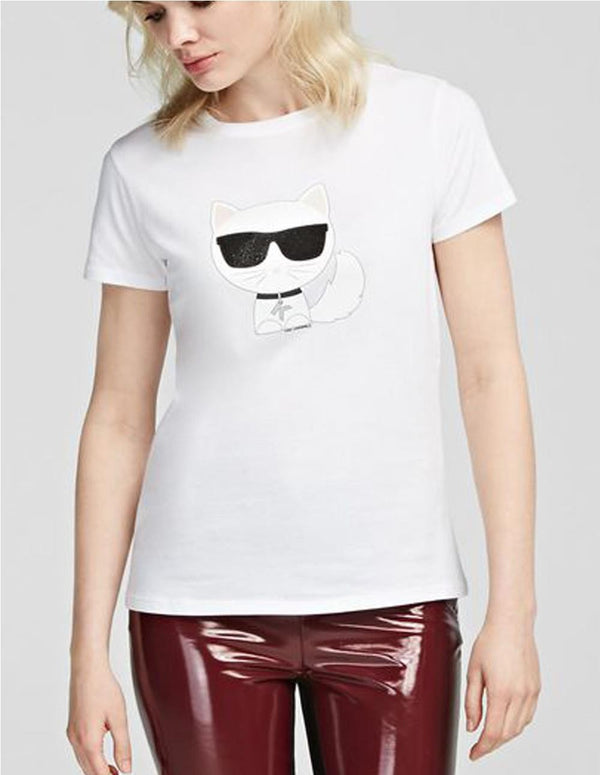 Camiseta Karl Lagerfeld Ikonik Choupette Con Strass Blanca Mujer