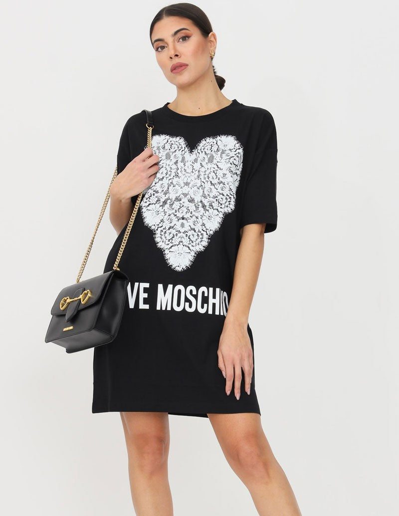 Vestido Love Moschino con Corazón Grande Blanco de Encaje Negro Mujer