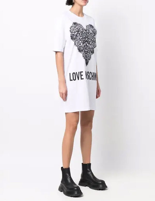 Vestido Love Moschino con Corazón Grande Negro de Encaje Blanco Mujer