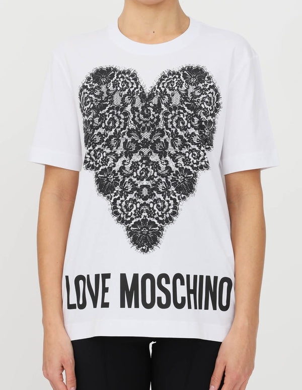 Camiseta Love Moschino con Corazón Negro Blanca Mujer