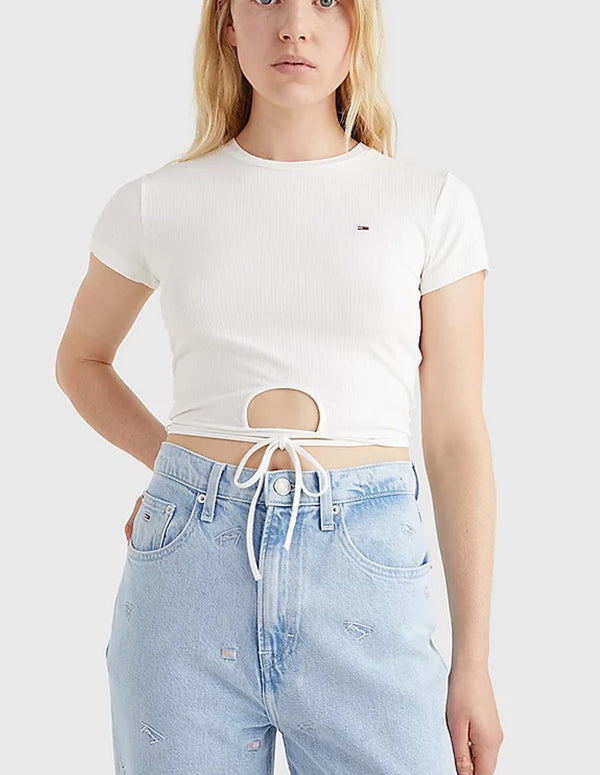 Camiseta Corta Tommy Jeans con Tira Anudable en la Cintura Blanca Mujer