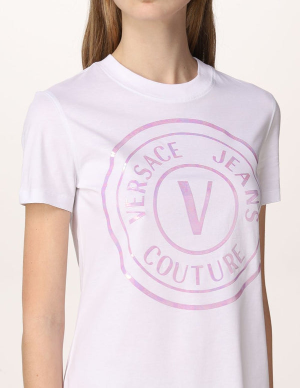 Versace Jeans Couture Short Dress With Iridescent Logo White Women