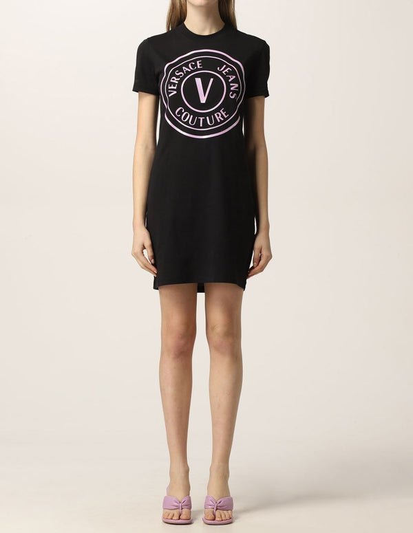 Vestido Versace Jeans Couture Corto Con Logo Tornasolado Negro Mujer