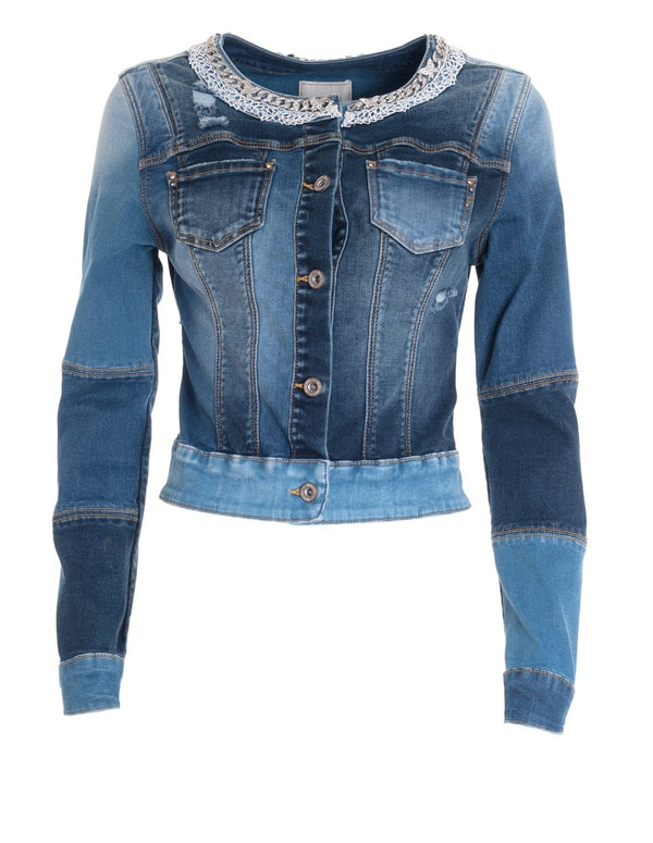 FRACOMINA Short Denim Jacket with Shiny Applications on the Neck Blue Woman