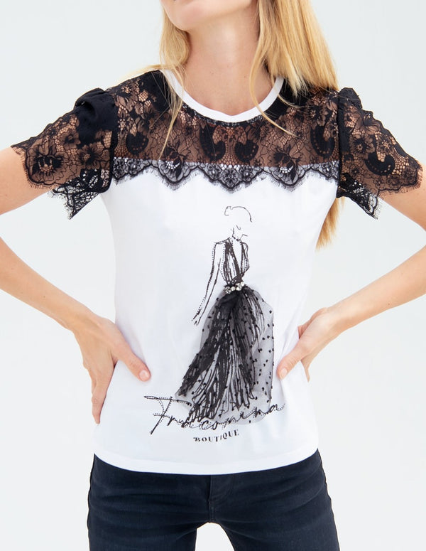 FRACOMINA T-shirt with Sleeves and Lace Details White and Black Woman