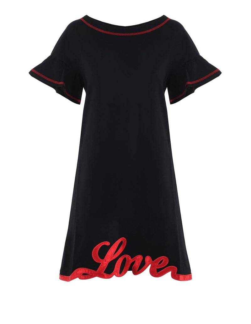 Vestido Love Moschino de Manga Corta de Volantes y Logo de Raso Bordado Negro y Rojo Mujer