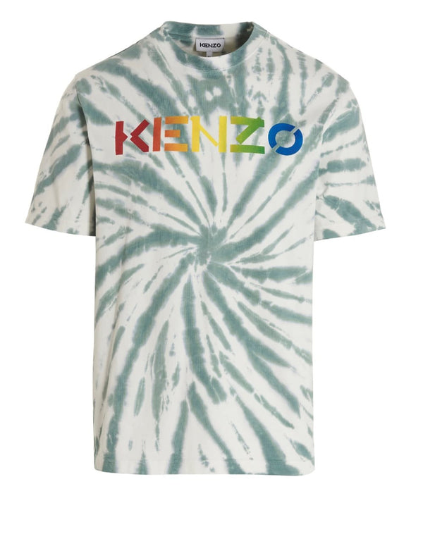 KENZO Green Men's T-shirt with Logo and Tie Dye Print