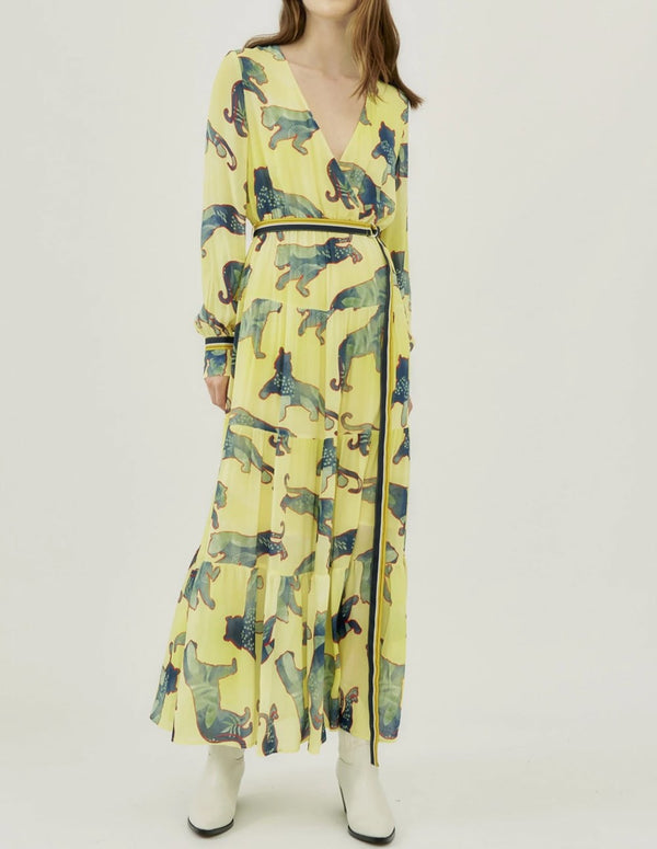 Silvian Heach Women's Yellow Tiger Print Long Dress