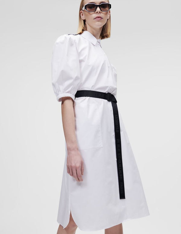 Women's White Karl Lagerfeld Poplin Shirt Dress with Puffed Sleeves