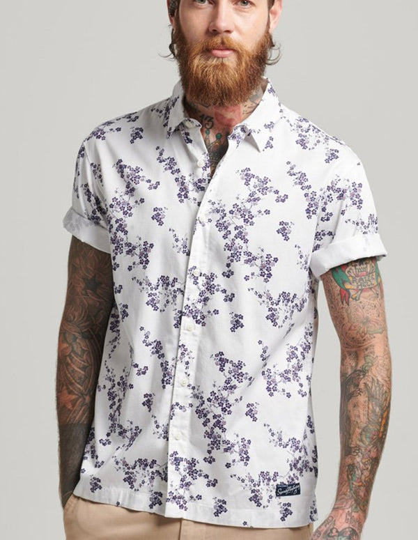 Camisa Superdry Hawaiana con Logo Vintage Blanca Hombre