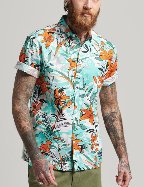 Camisa Superdry Hawaiana con Logo Vintage Verde y Naranja Hombre