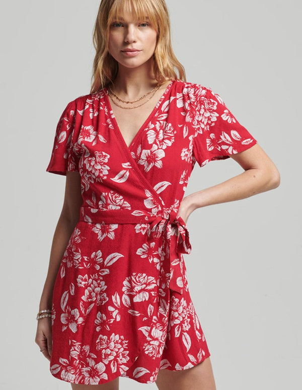 Vestido Corto Superdry Cuzado Con Estampado de Flores Rojo Mujer