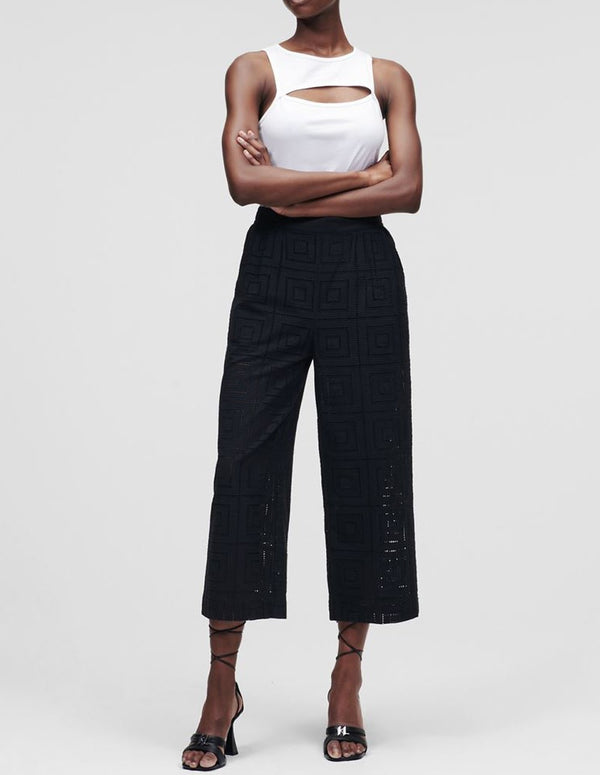 Karl Lagerfeld Wide Leg Pants with English Embroidery Black Women 221W1003-999