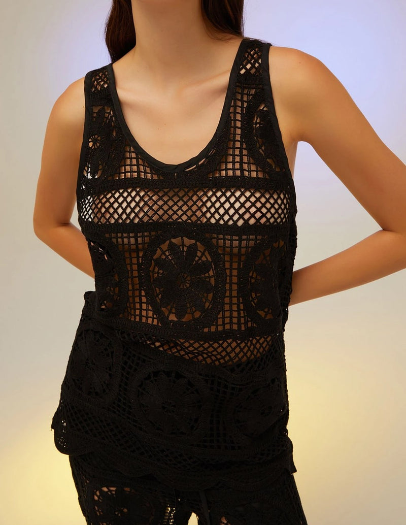 Women's Black Crochet Isabelle Blanche Long Tank Top