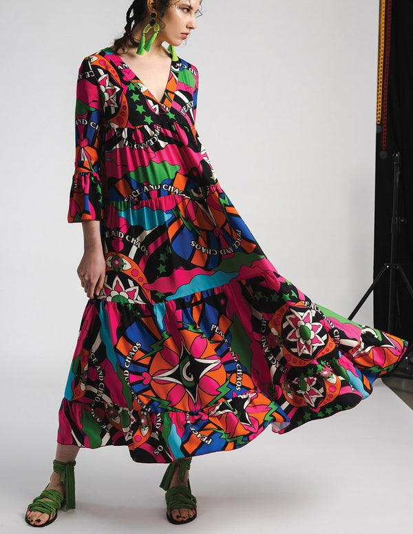Peace and Chaos Majestic Long Dress with Multicolor Ruffles Women