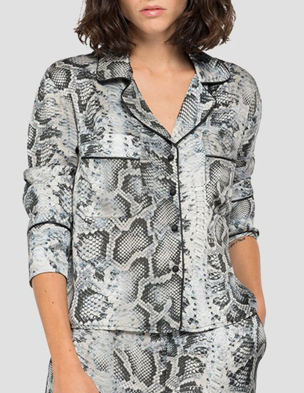 Camisa Replay de Viscosa con Estampado de Serpiente Gris y Negra Mujer