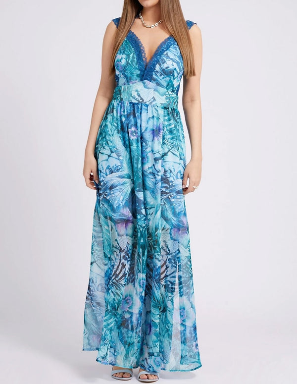 GUESS Women's Blue Printed Strappy Long Dress