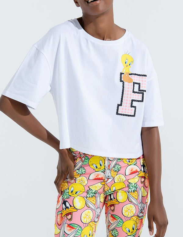 Camiseta FRACOMINA Over Cropped Looney Tunes Blanca Mujer
