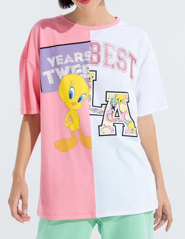 FRACOMINA Over Fit T-shirt with Pink and White Looney Tunes Print for Woman