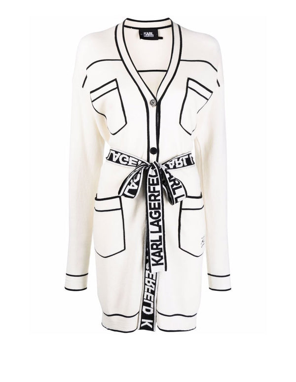 Karl Lagerfeld Long Jacket with Logo Belt Black and White Women
