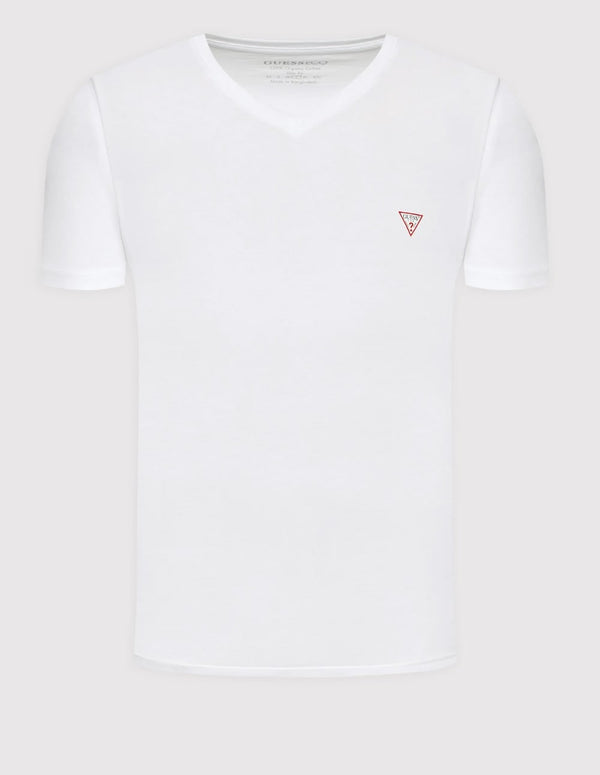 GUESS Men's White T-shirt with Logo and V Neck