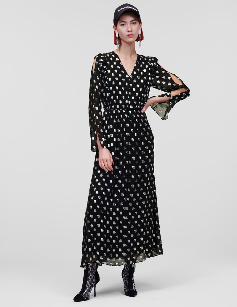 Karl Lagerfeld Metallic Monogram-Print Maxi Dress Black Women