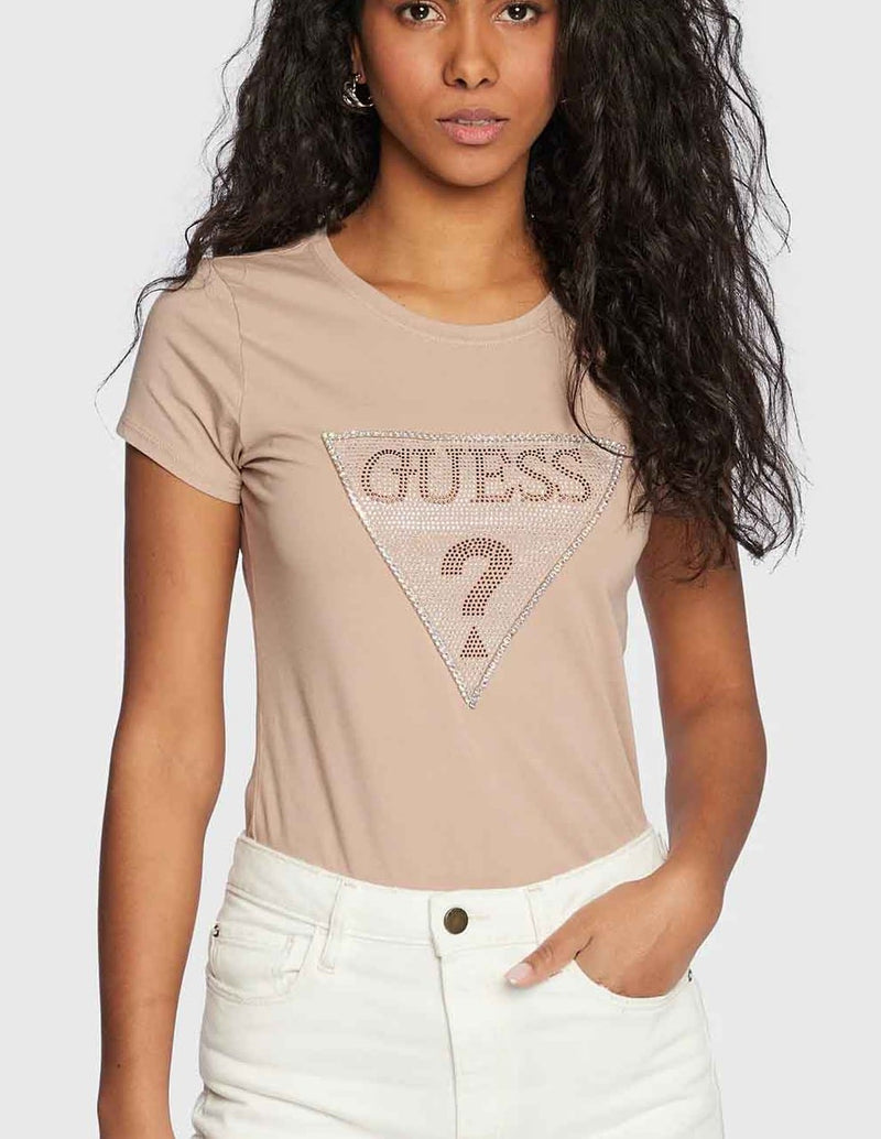 Camiseta GUESS Logo Triángulo con Strass Beige Mujer
