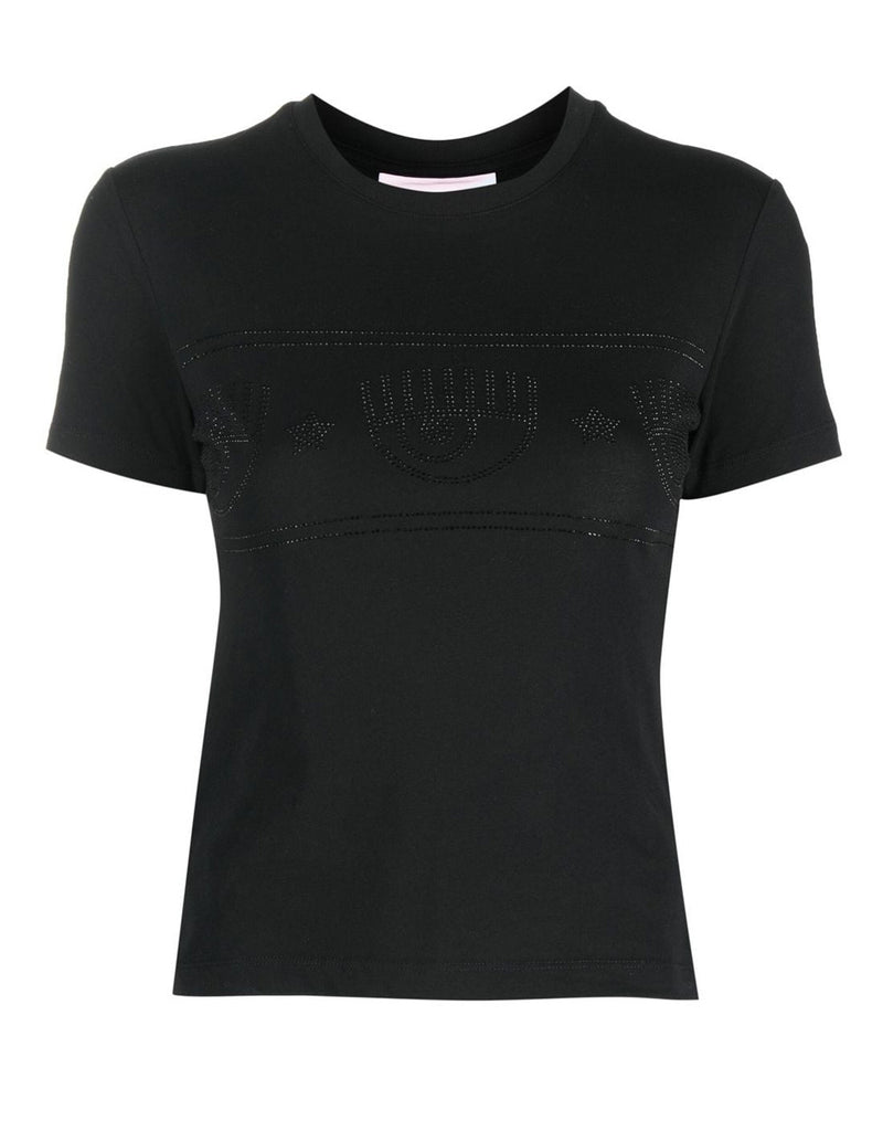 Camiseta Chiara Ferragni con Detalles de Cristal Negra Mujer