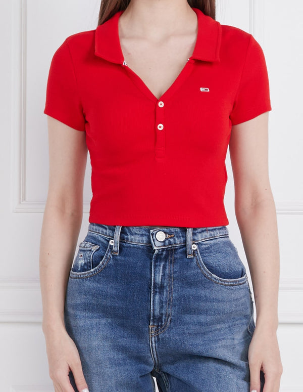 Camiseta Tommy Jeans Tipo Polo con Logo Roja Mujer