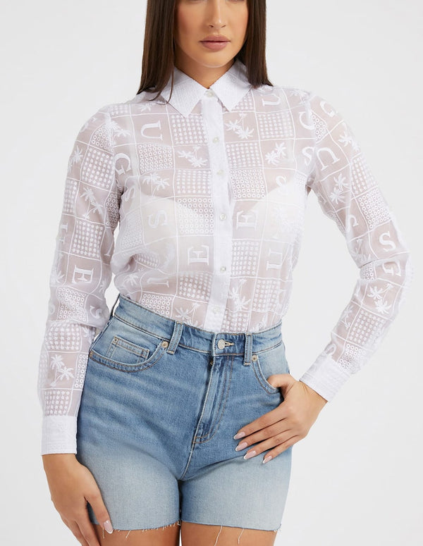 Camisa GUESS Chifón con Bordados Blanca Mujer