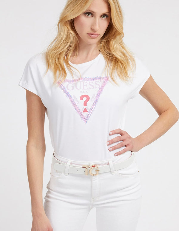 Camiseta GUESS 3D Flowers Triángulo Blanca Mujer