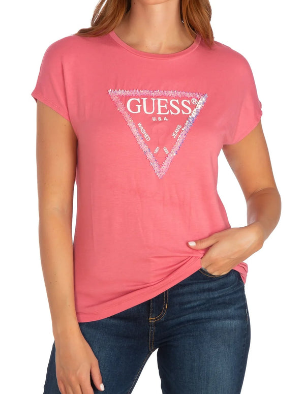 Camiseta GUESS 3D Flowers Triángulo Rosa Mujer